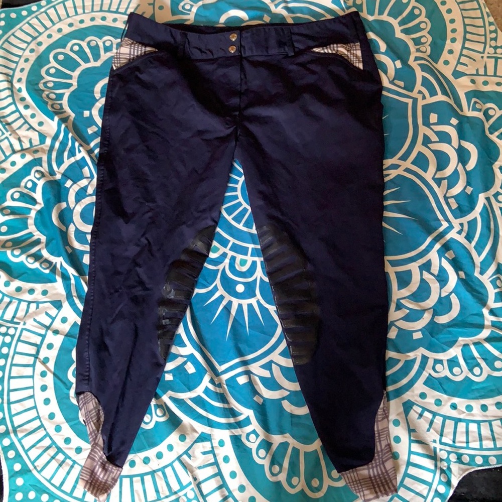 Ankle-Length Navy Riding Breeches with Plaid Trim
